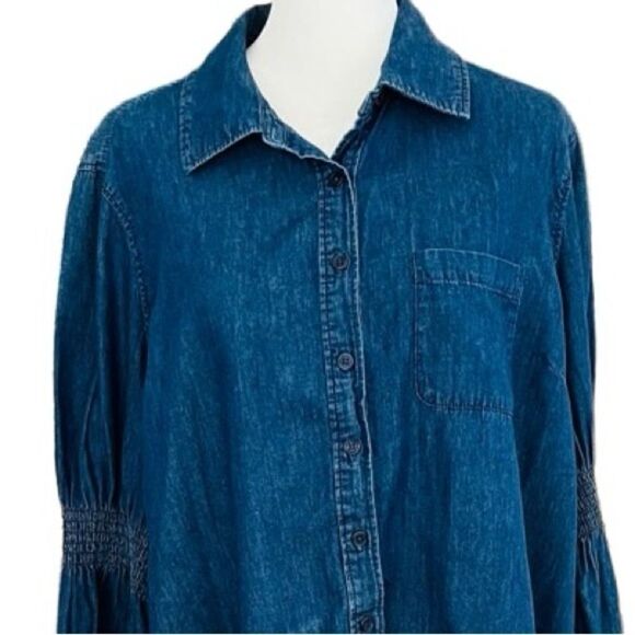 DG2 Diane Gilman chambray button front shirt w/ bell smocked sleeve size L. - Picture 2 of 7
